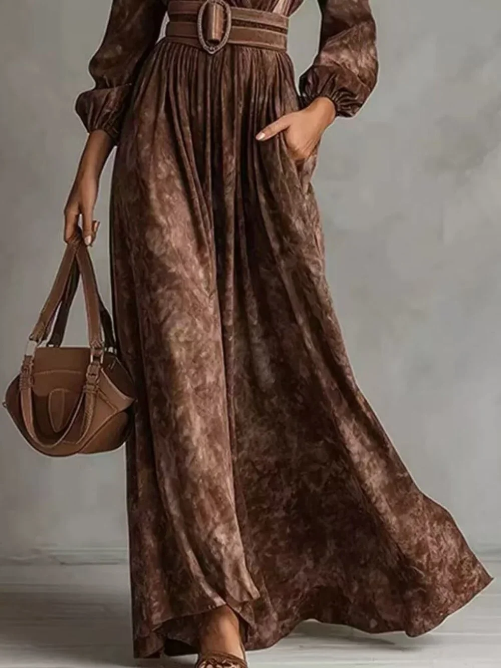 Zimmermann Brown V-Neck Long Sleeve Maxi Dress with Belt - Picture 3 of 3